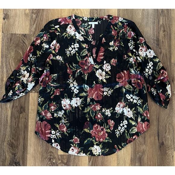 Maurices Tops - Maurices Women’s Sheer Atwood Popover Blouse Front Roll Tab Sleeve Black Floral